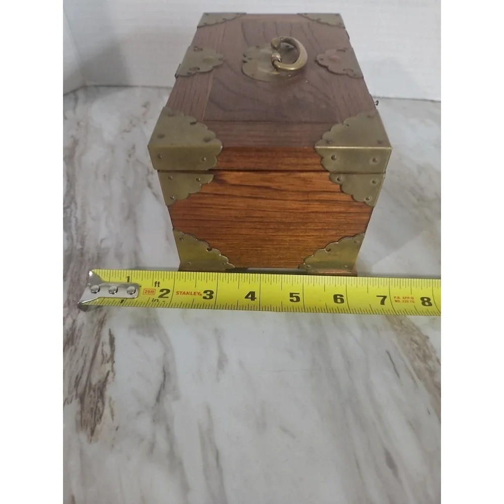 Antique Chinese Wood Jewelry Box Ornate Brass Accents Lined Pull Out Shelf